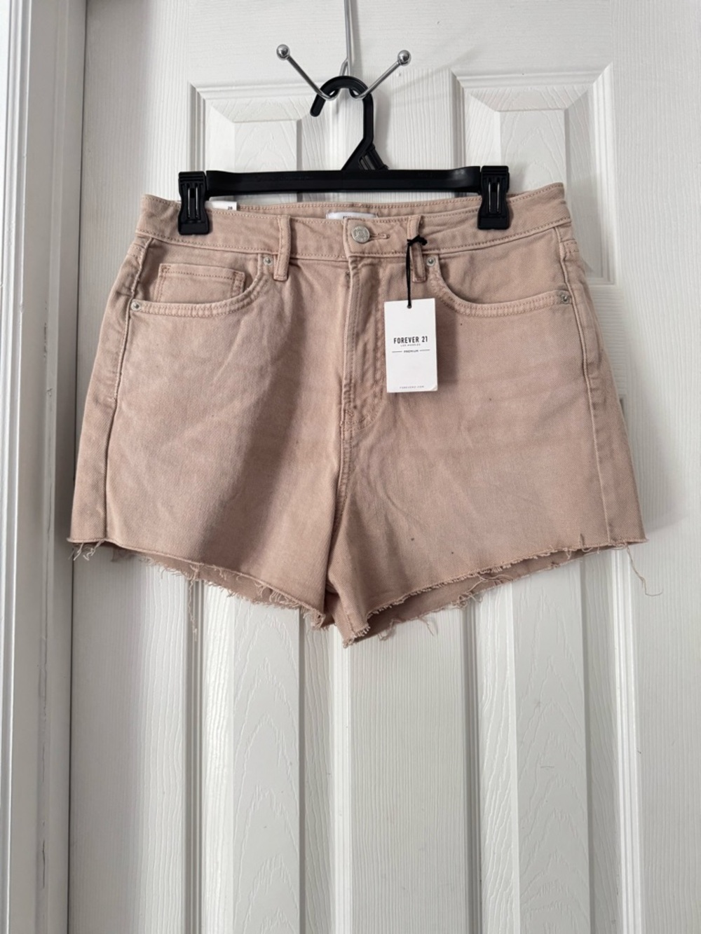 Forever 21 High-Rise Frayed Hem Jean Shorts in Blush Pink